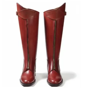 Brown long leather riding boot with knee-high shaft and side zipper, front view