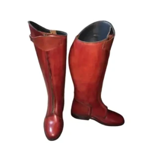 Pair of long leather riding boots in rich brown with brass buckle hardware and smooth lining